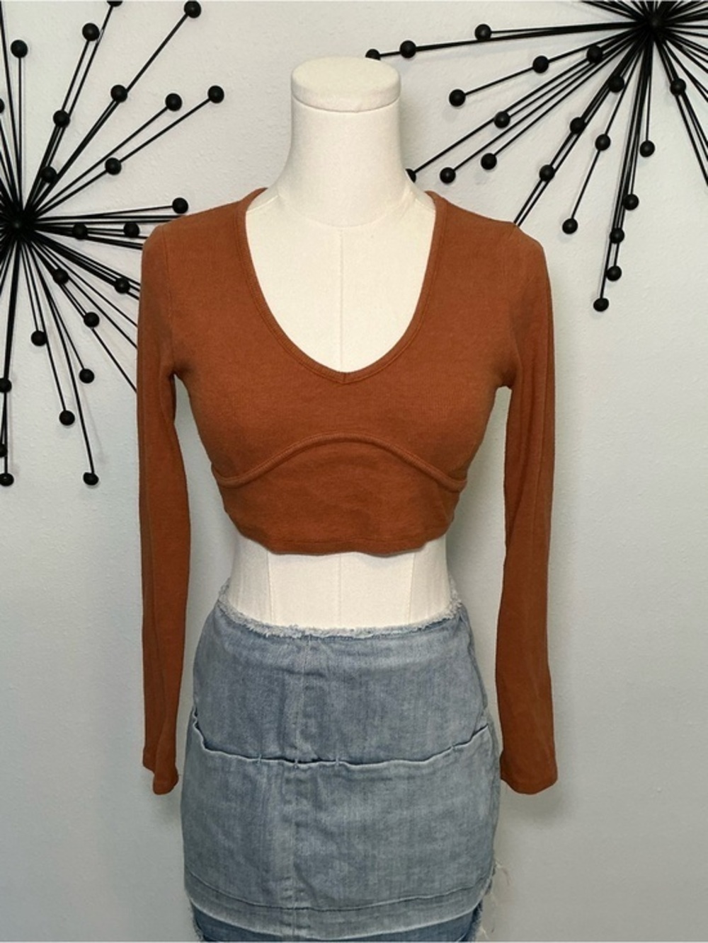 Garage Rust Brown Ribbed Crop Top Long Sleeve Underbust Detail Size Small